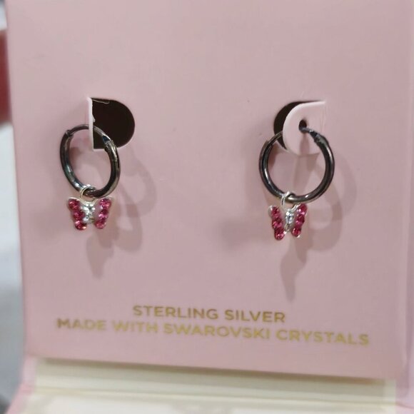 FAO Schwarz Sterling Silver Butterfly Hoop Earrings – Swarovski Crystals OS - Picture 3 of 11